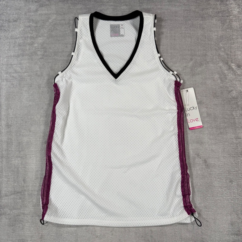 Lucky in Love Shirt Womens Small White Purple Mesh V Neck Tank Top Vaportex
